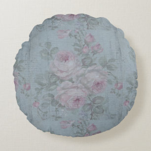 Decoupage,grey teal, floral,shabby chic,country Ru Round Cushion