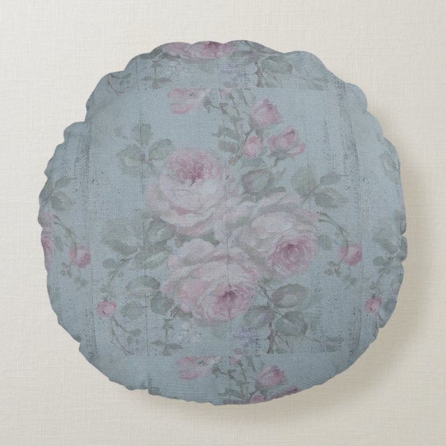 Decoupage,grey teal, floral,shabby chic,country Ru Round Cushion (Front)