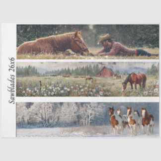 Decoupage Handsaw Design Cowboy, Red Barn, Horses Tissue Paper
