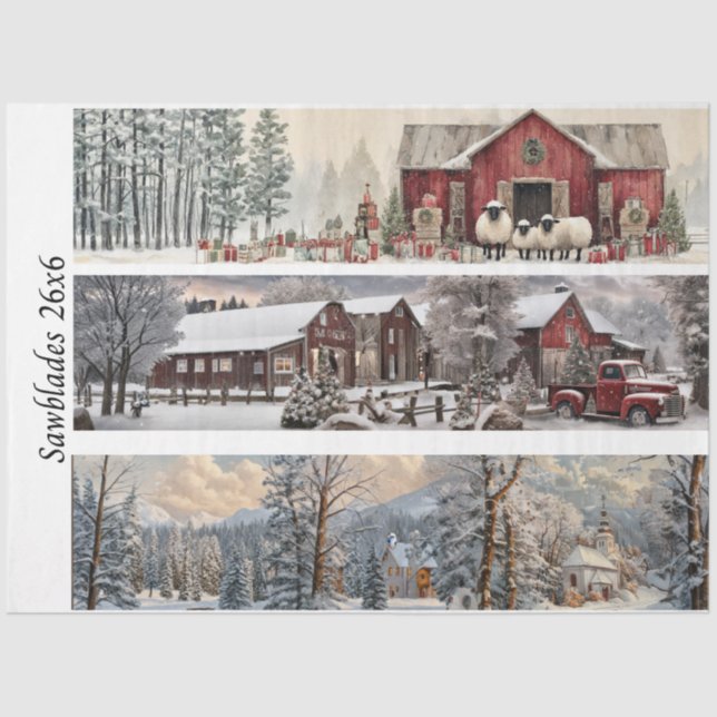 Decoupage Handsaw Papers Red Barn, Church, Truck  Tissue Paper (Front)