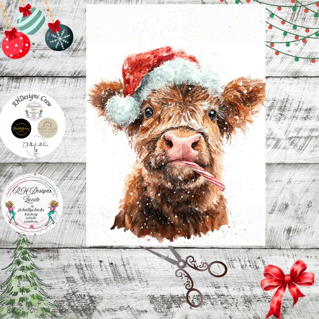 Decoupage Highland Calf Santa Hat Candy Cane Tissue Paper (Creator Uploaded)