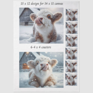 Decoupage Highland Calf Snow 11x14 Canvas Coasters Tissue Paper
