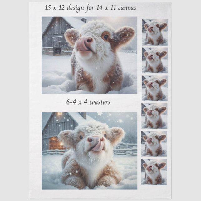 Decoupage Highland Calf Snow 11x14 Canvas Coasters Tissue Paper (Front)