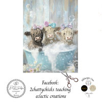Decoupage Highland Calves In Bubble Bath Blue Tub