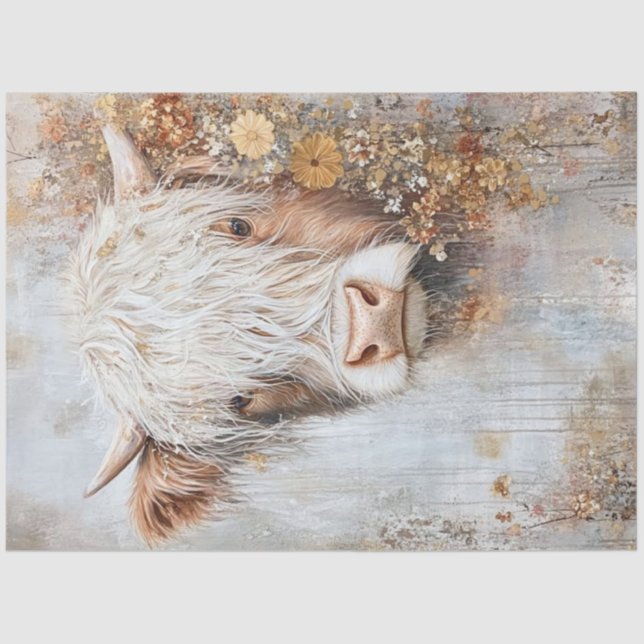 Decoupage Highland Cow Hazel Wildflowers  Tissue Paper (Front)