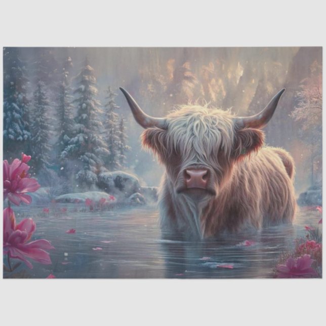 Decoupage Highland Cow in Pond Pink Flowers Tissue Paper (Front)