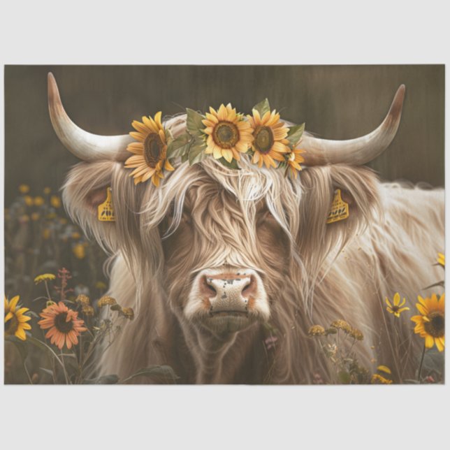 Decoupage Highland Cow Sunflower Field Farm Life Tissue Paper (Front)
