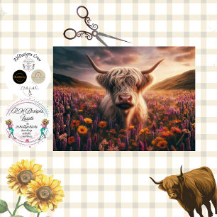 Decoupage Highland Cow Sunset Flowers  Tissue Paper