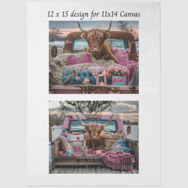 Decoupage Highland Cow Valentine Truck 11x14 Canva Tissue Paper (Front)