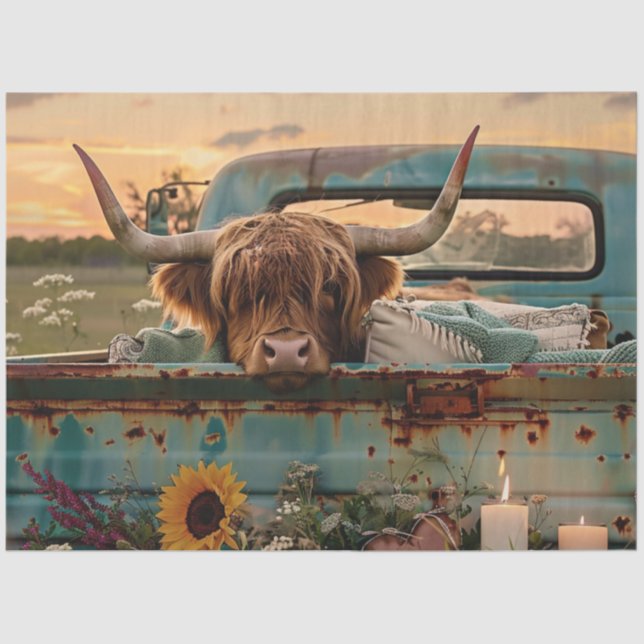 Decoupage Highland Cow Vintage Truck Sunflowers  Tissue Paper (Front)