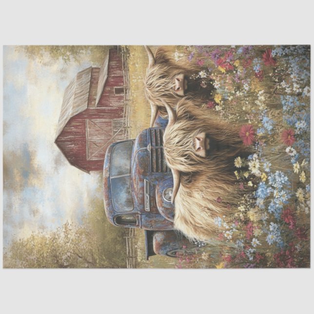 Decoupage Highland Cows Blue Truck Red Barn  Tissue Paper (Front)