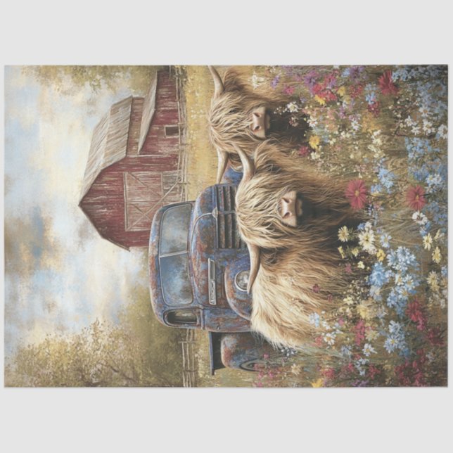 Decoupage Highland Cows Countryside Red Barn  Tissue Paper (Front)
