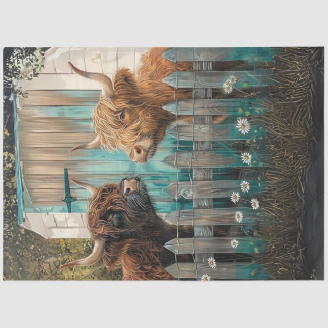Decoupage Highland Cows Front of Teal Barn  Tissue Paper (Front)
