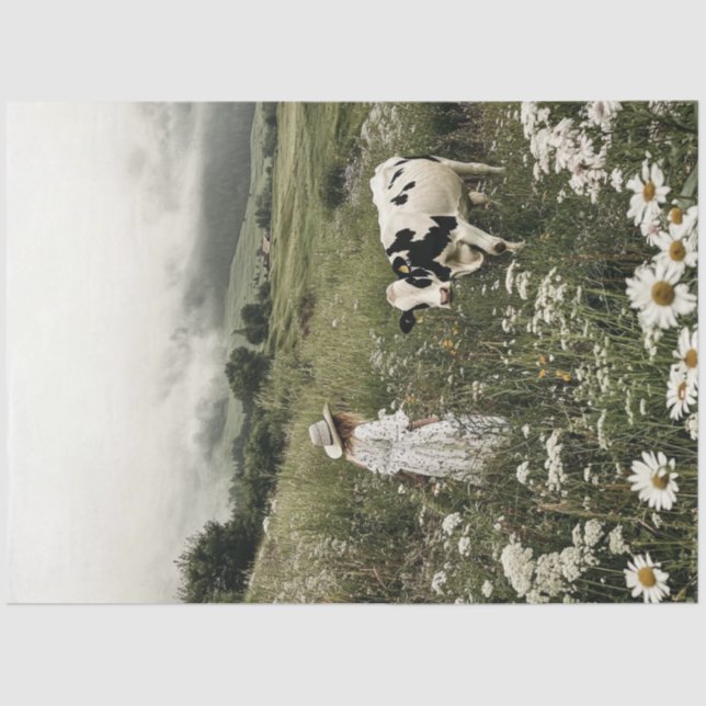 Decoupage Holstein Cow & Girl in Field Wildflower  Tissue Paper (Front)