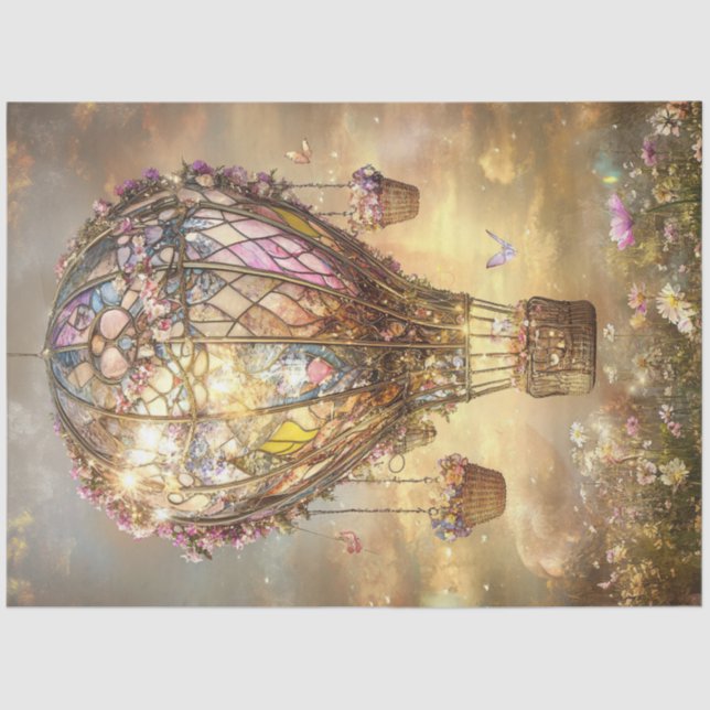 Decoupage Hot Air Balloon Stained Glass Floral  Tissue Paper (Front)