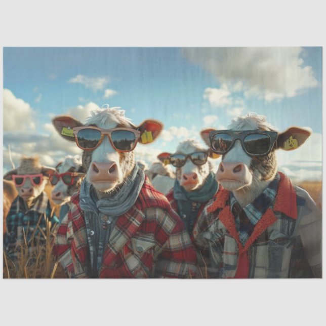 Decoupage Humourous Cows Dressed Farm Clothes Tissue Paper (Front)