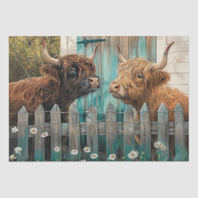 Decoupage Landscape Highland Cows Teal Barn Tissue Paper (Front)