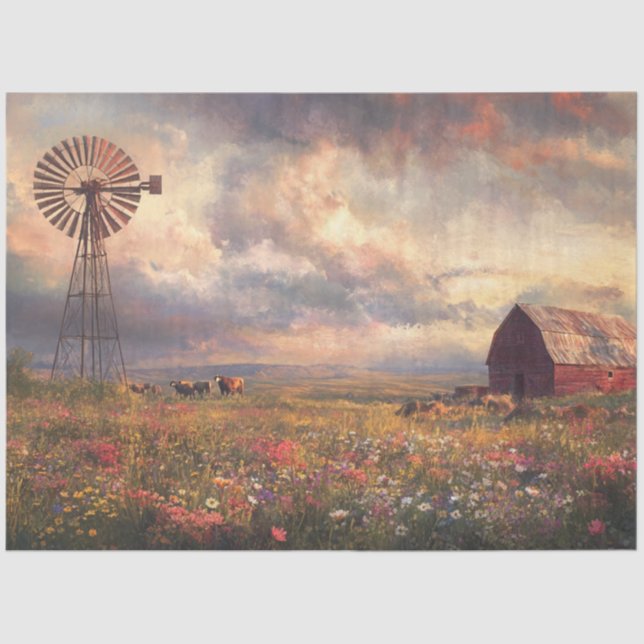 Decoupage Landscape Windmill Red Barn Wildflowers  Tissue Paper (Front)