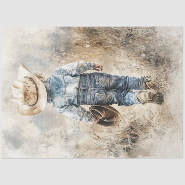 Decoupage Lil Cowboy in Field Walking Away  Tissue Paper (Front)