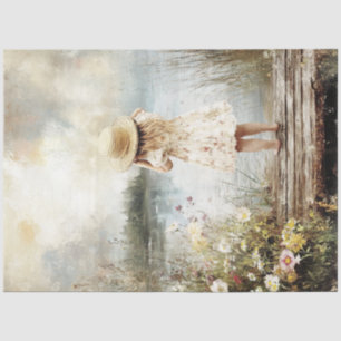 Decoupage Lil Girl Clara on Dock of Lake Straw Hat Tissue Paper