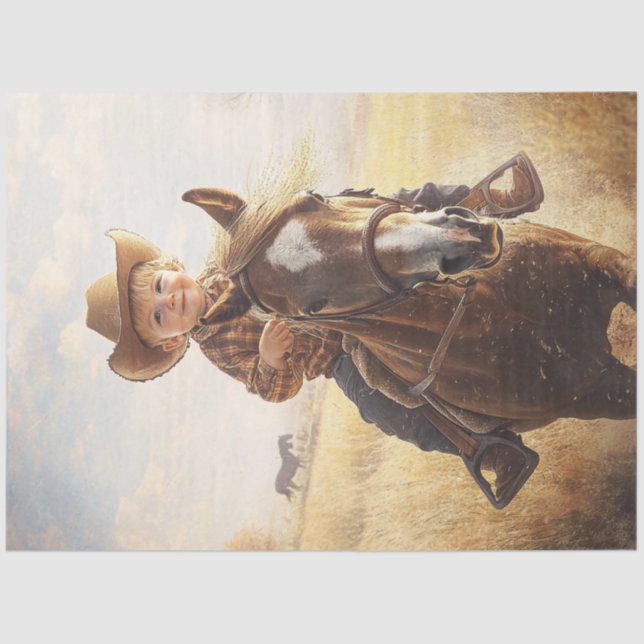 Decoupage Little Boy Riding Pony Wearing Hat  Tissue Paper (Front)