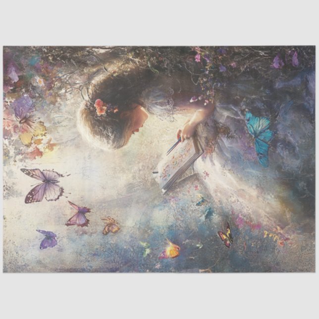 Decoupage Little Girl Colour Butterflies Whimsical Tissue Paper (Front)