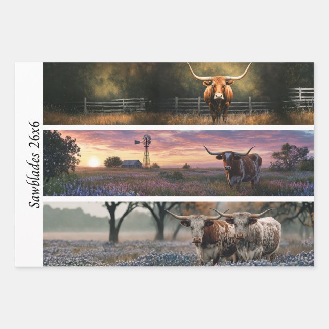 Decoupage Longhorn Wester Papers Sawblades Wrapping Paper Sheet (Front)