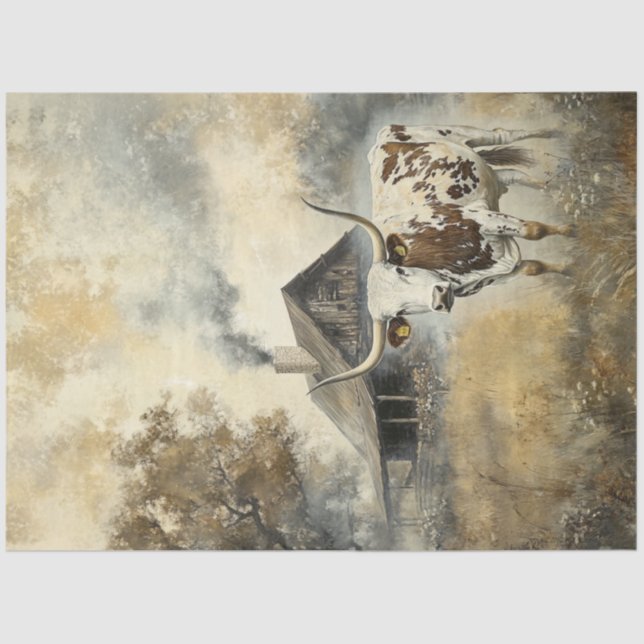 Decoupage Longhorn Wooden Cabin in Field Tissue Paper (Front)