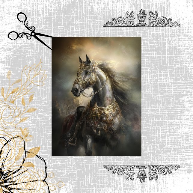 Decoupage Majestic Black Horse Golden Armour Crest Tissue Paper (Creator Uploaded)
