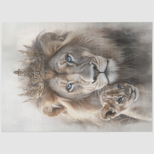 Decoupage Majestic Lion & Cub Ornate Crown  Tissue Paper (Front)