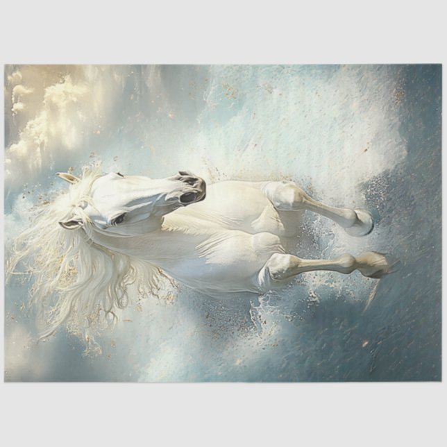 Decoupage Majestic White Horse Galloping Ocean  Tissue Paper (Front)