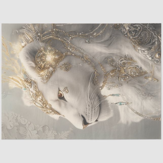 Decoupage Majestic White Lioness Ornaments & Gold Tissue Paper (Front)