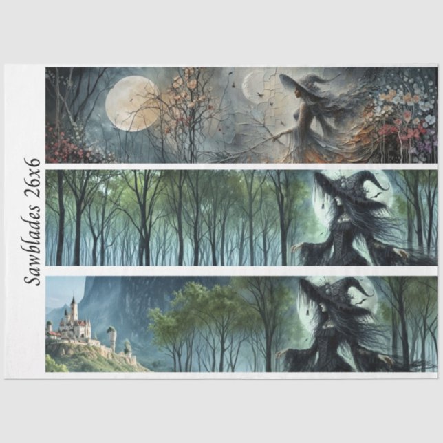 Decoupage Moonlit Gothic Forest & Witch Handsaws Tissue Paper (Front)