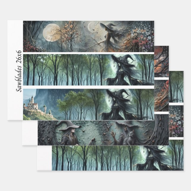 Decoupage Moonlit Gothic Forest & Witch Handsaws Wrapping Paper Sheet (Set)