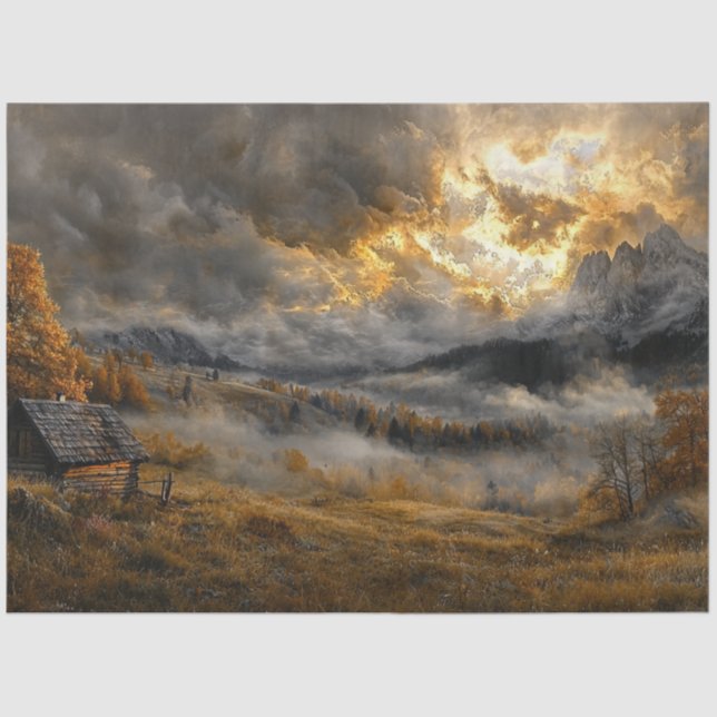 Decoupage Mountain Cabin at Sunset  Tissue Paper (Front)