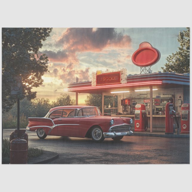 Decoupage Nostalgic Red American Car Collector Tissue Paper (Front)