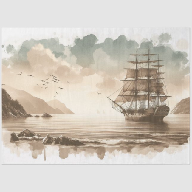 Decoupage Ocean Sailing Ship Watercolour Tissue Paper (Front)