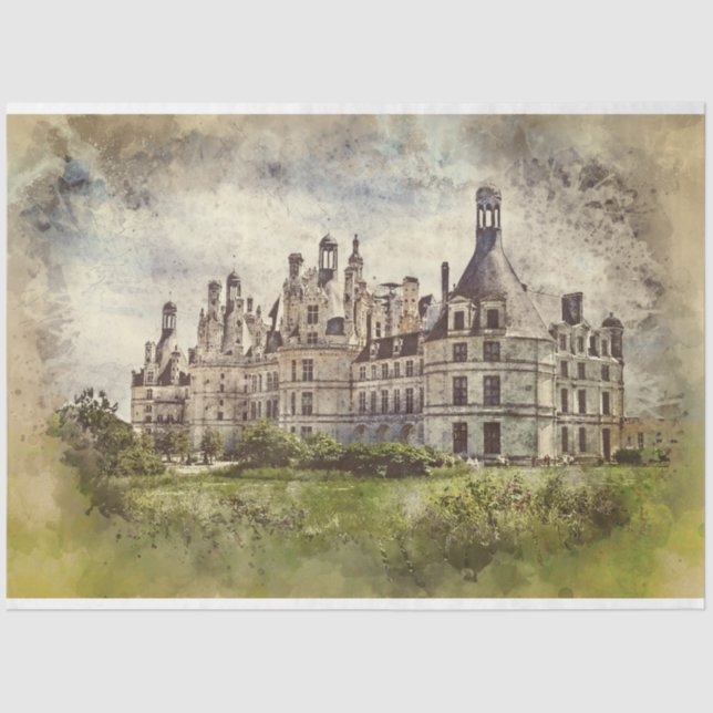 Decoupage Old French Castle Watercolor Tissue Paper (Front)
