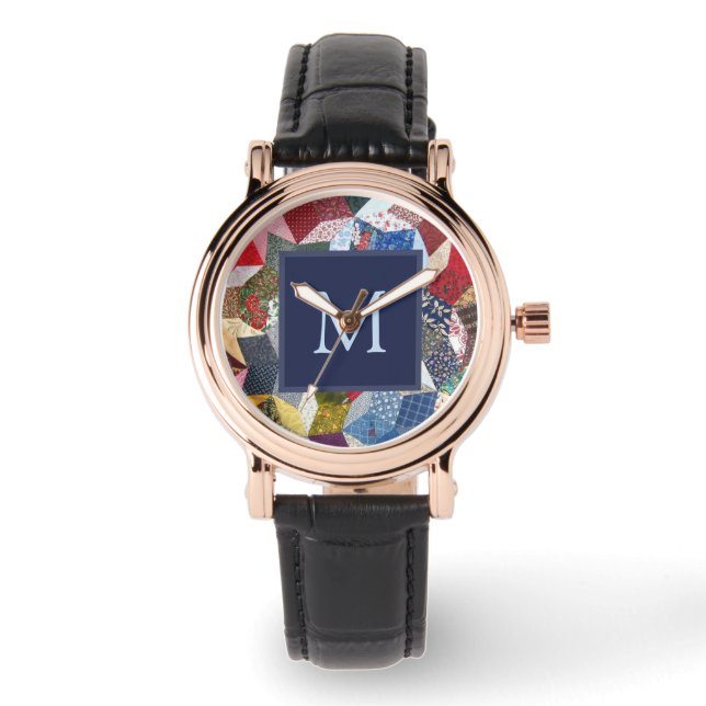 Decoupage Patchwork Stars Pattern Monogram Watch (Front)