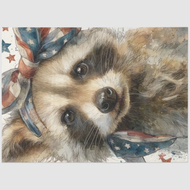 Decoupage Patriotic Racoon with Flag Bandanna Tissue Paper (Front)