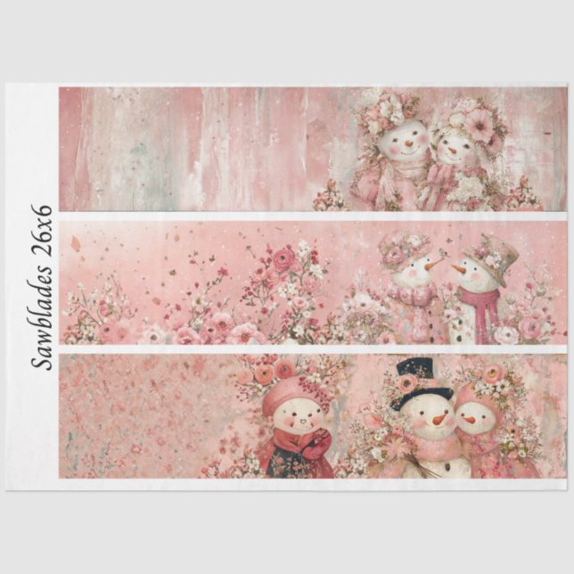Decoupage Pink Floral Snowman Handsaw Panels  Tissue Paper (Front)