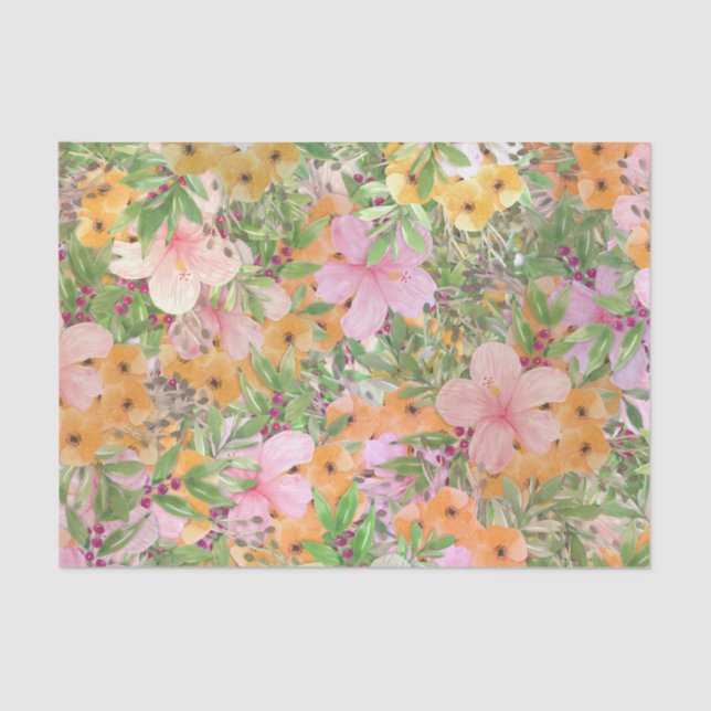 Decoupage Pink Orange Floral Flowers Watercolor Tissue Paper (Front)