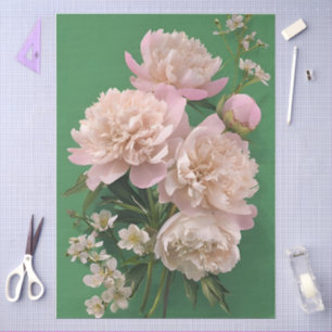 Decoupage Pink Peonies On Green Background Floral  Tissue Paper
