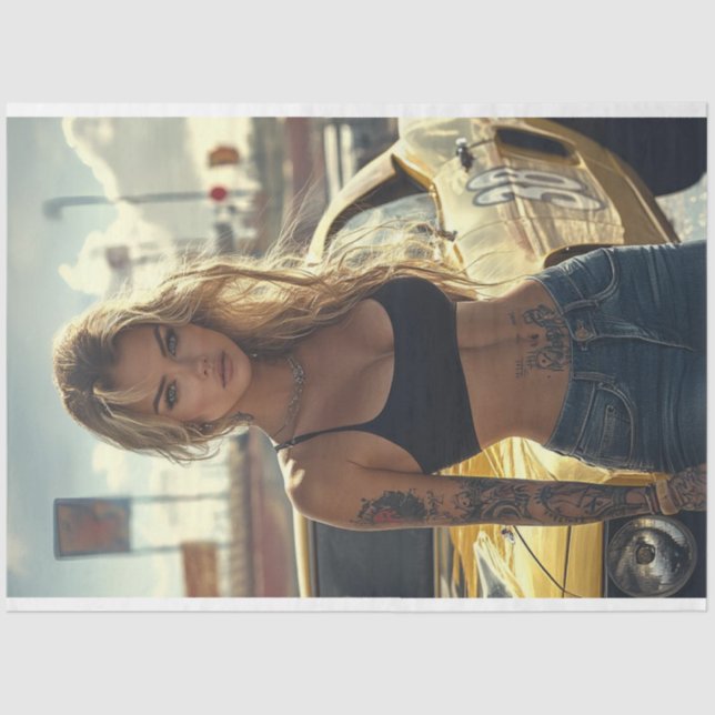 Decoupage Poster of Blonde Chic & Her Muscle Car Tissue Paper (Front)