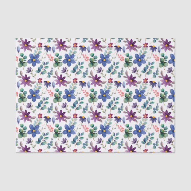 Decoupage Purple Blue Floral Flowers Watercolor Tissue Paper (Front)