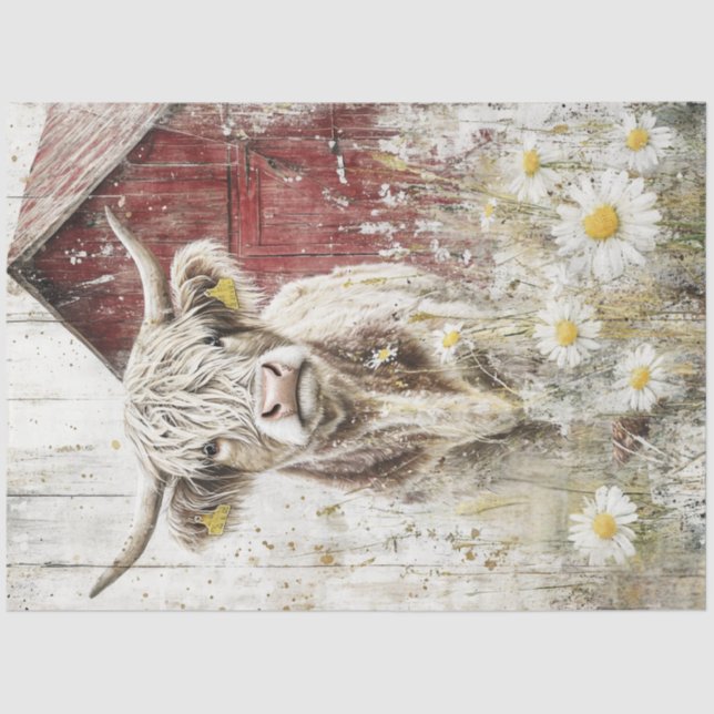 Decoupage Red Barn Highland Cow Flower Field Tissue Paper (Front)