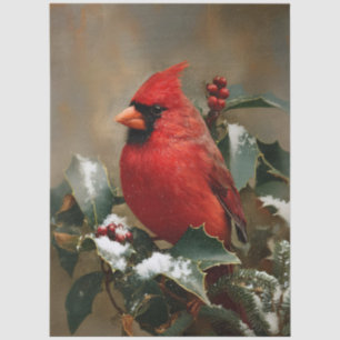Decoupage Red Cardinal on Snowy Holly Tissue Paper