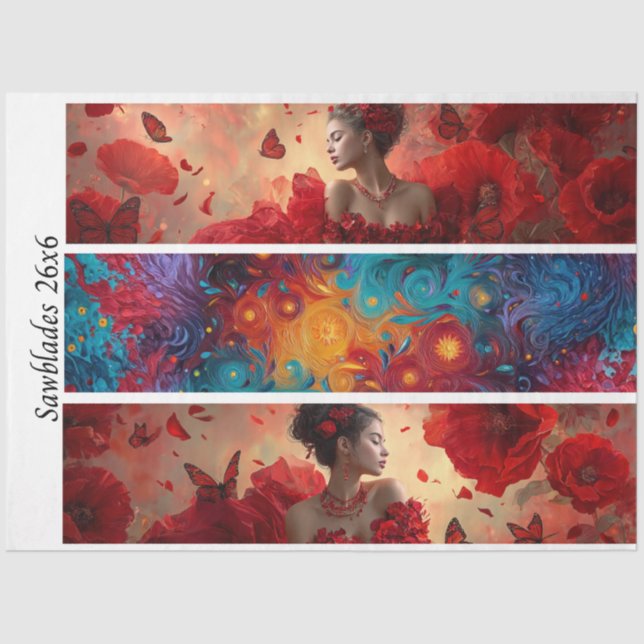 Decoupage Red Poppy Butterfly Woman Cosmic Handsaw Tissue Paper (Front)