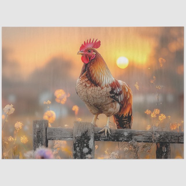 Decoupage Rustic Farm Life Rooster on Fence  Tissue Paper (Front)