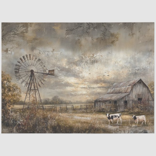 Decoupage Rustic Rural Scene Barn Windmill  Tissue Paper (Front)
